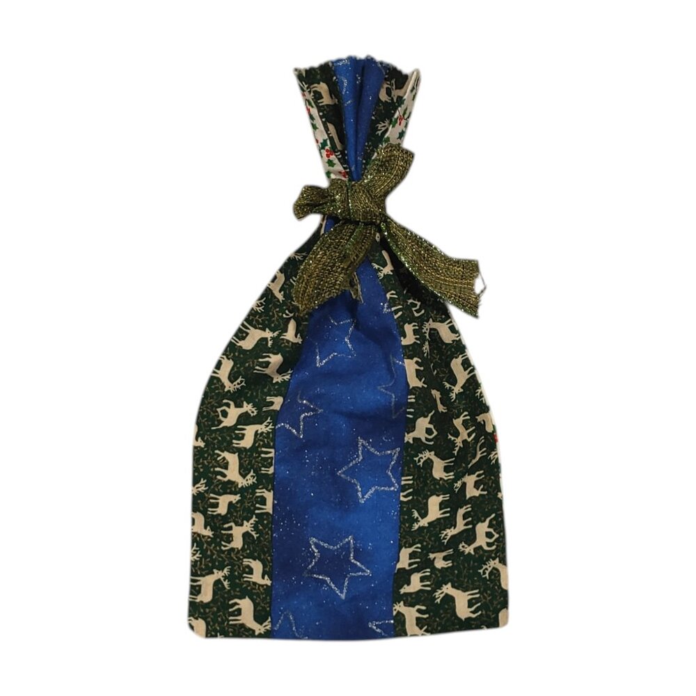 Christmas/Holiday Small Reusable Fabric Gift Bag with a Ribbon